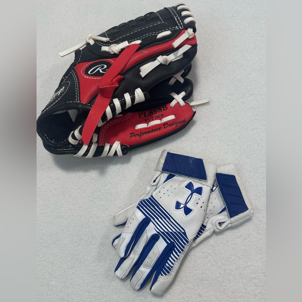 Youth Rawlings Players Series T-ball glove & Under Armour batting gloves